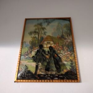 Source Unknown Framed Glass Art with Cottage Scene in Green, Blue, Gold